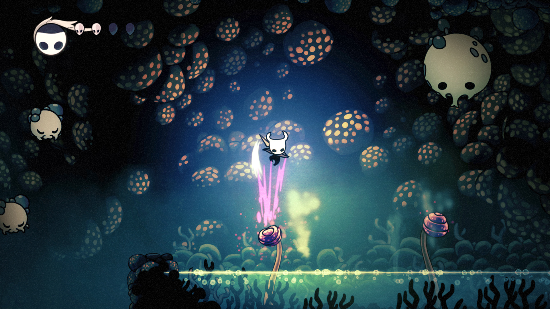 Ο Ιππότης χτυπά ένα φυτό προς τα κάτω στο Hollow Knight to Pogo άλμα σε ένα κενό