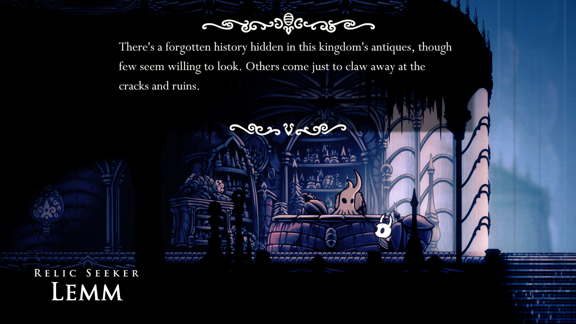 Ο Relic Seeker Lemm in Hollow Knight λέει στον ιππότη για την περιφρόνηση του Hallownest