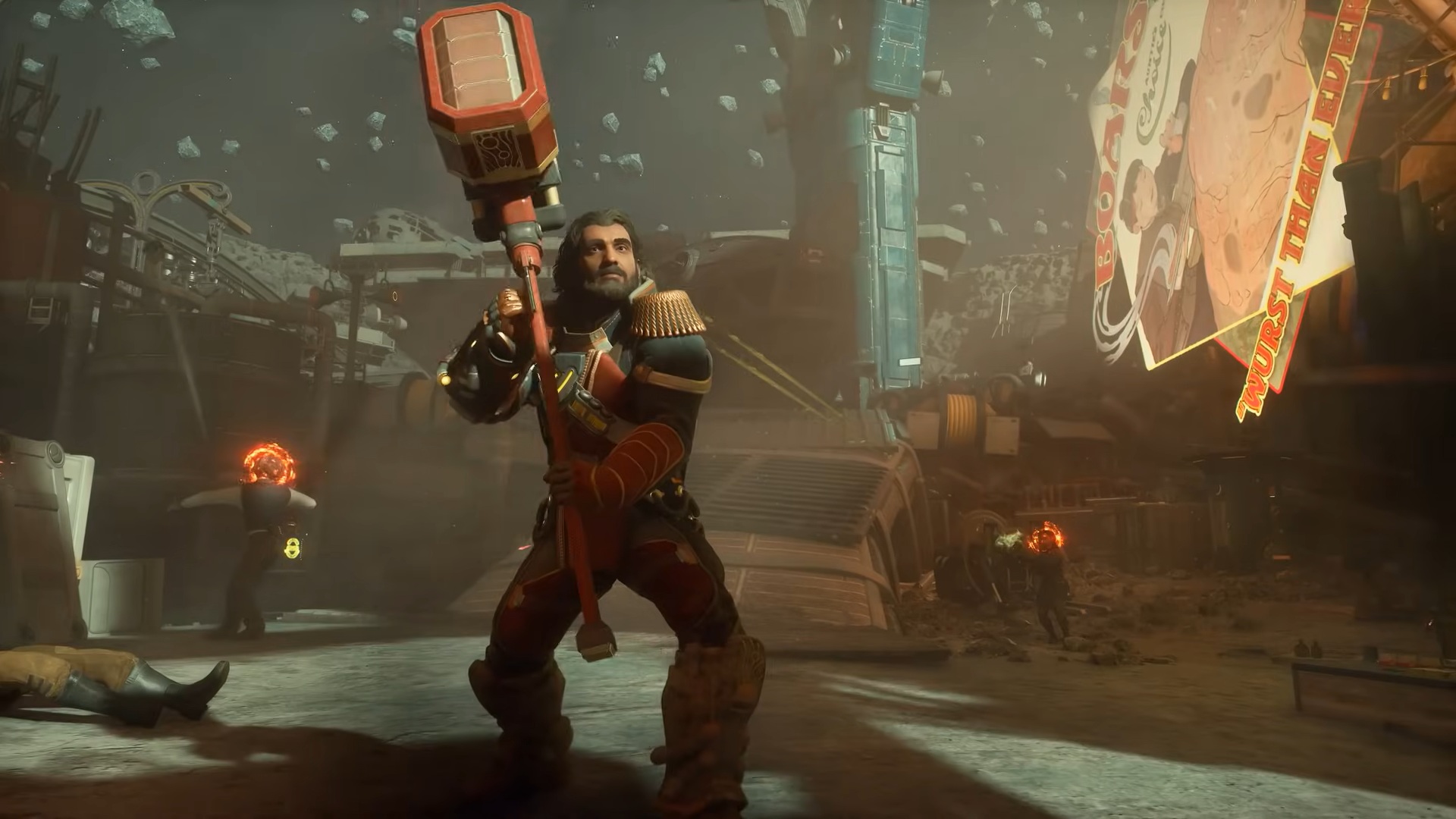 Το Outer Worlds 2 Screenshot του Companion Tristian που φοράει πανοπλία και ασκεί ένα γιγαντιαίο όπλο με δύο χέρια.
